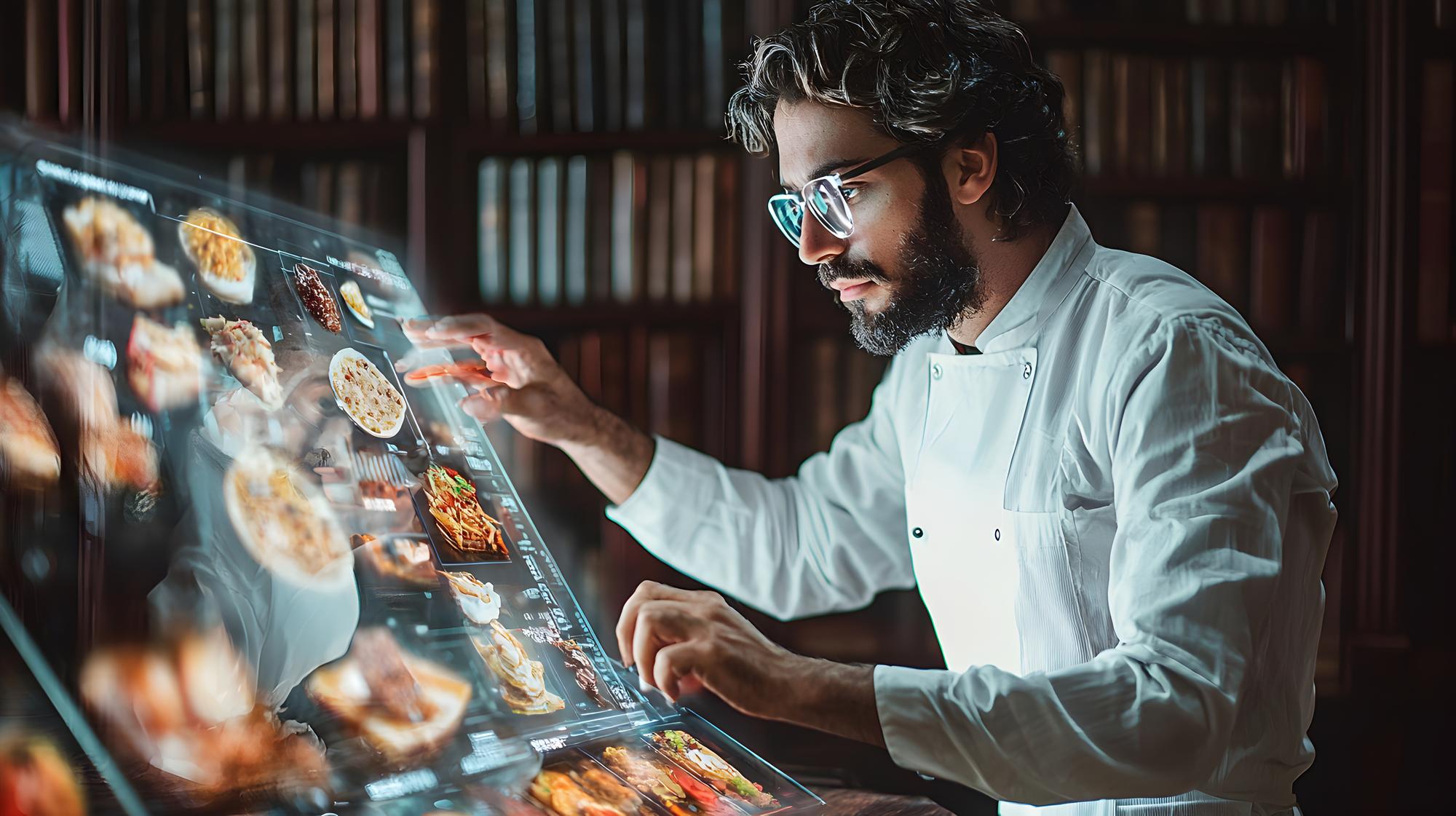 Chef beschreibt Rezept an digitalem Display